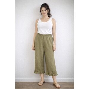 Bryn Walker Linen Culottes Cropped Wide Leg Ruffle Olive Green Size Small